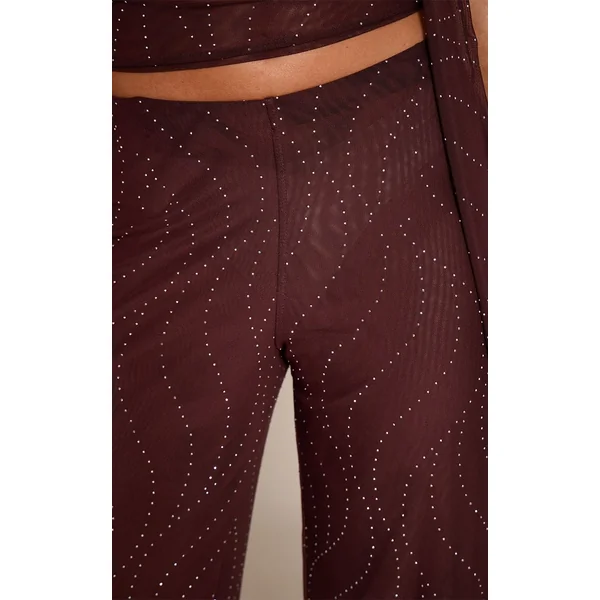 Marron Foncé Pantalon Large En Mesh Orné De Strass Thermocollants