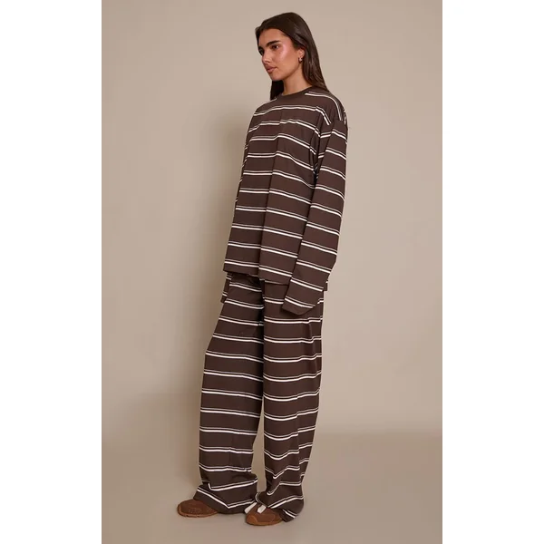 Marron Foncé Pantalon Large À Rayures Avec Cordon De Serrage
