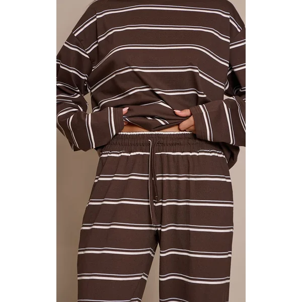 Marron Foncé Pantalon Large À Rayures Avec Cordon De Serrage