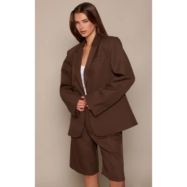 Marron Foncé Short Long Tailleur Tissé À Plis Coordonné