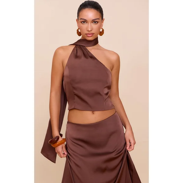 Marron Foncé Top Court En Satin Avec Détail Foulard