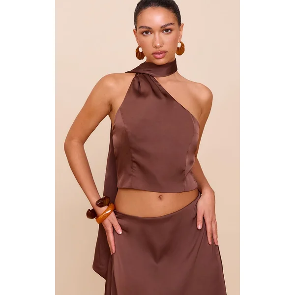 Marron Foncé Top Court En Satin Avec Détail Foulard