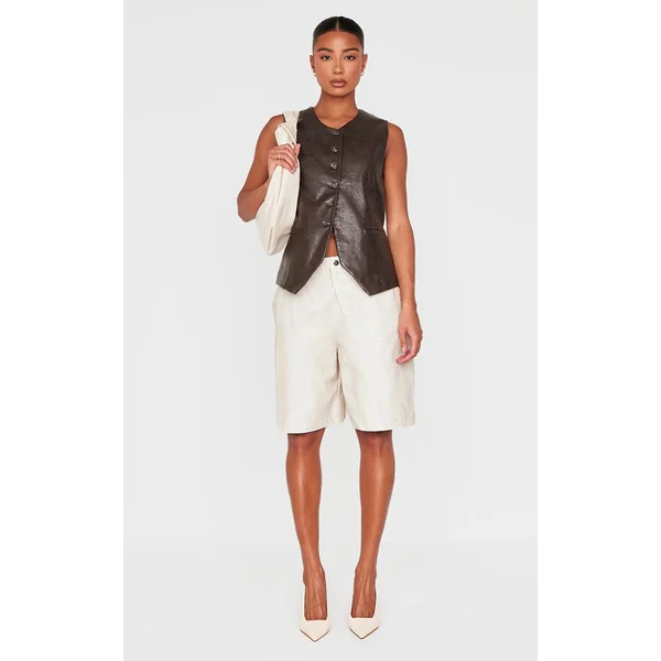 Marron Gilet Long Boutonné En Synthétiquecuir