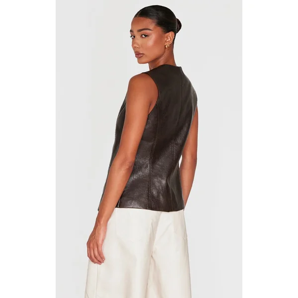 Marron Gilet Long Boutonné En Synthétiquecuir