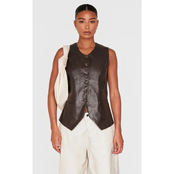 Marron Gilet Long Boutonné En Synthétiquecuir