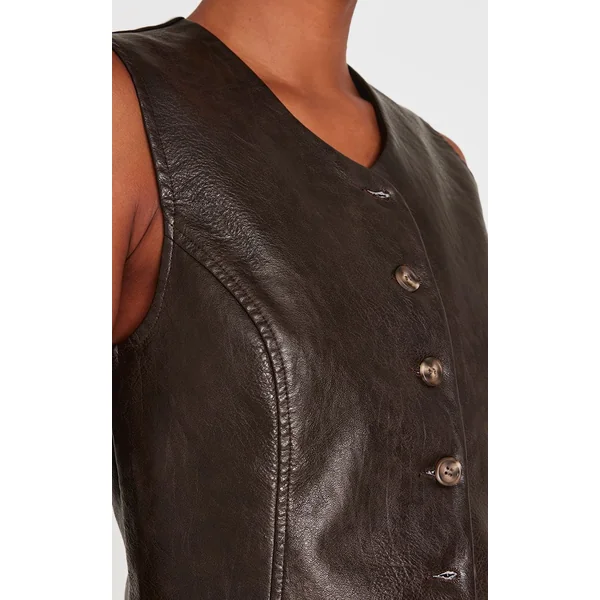 Marron Gilet Long Boutonné En Synthétiquecuir