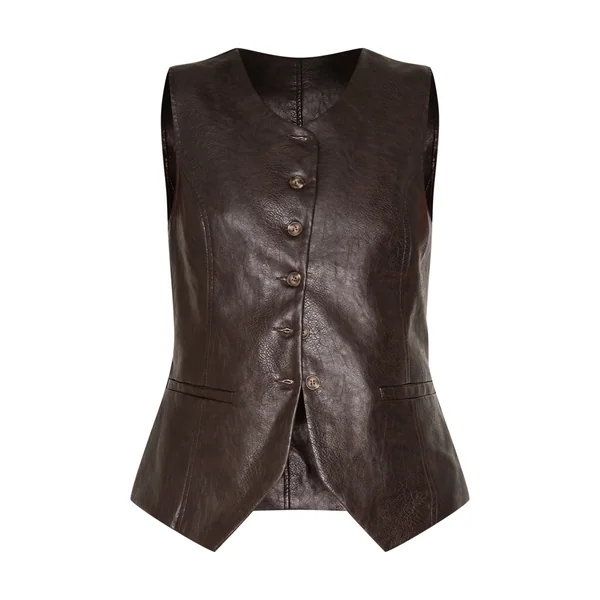 Marron Gilet Long Boutonné En Synthétiquecuir
