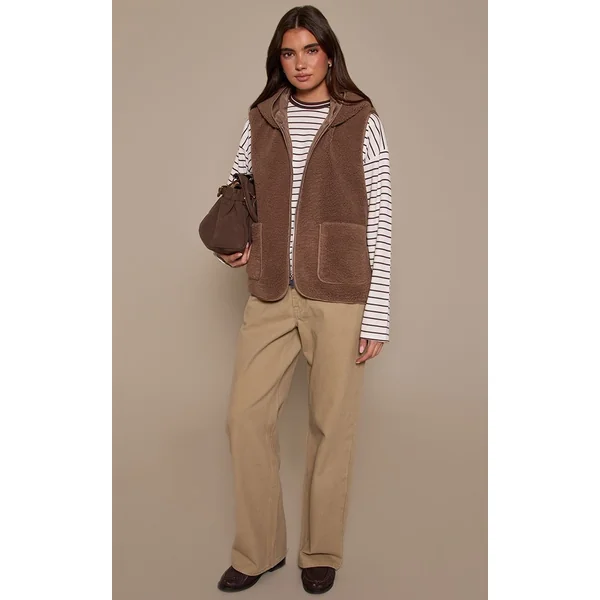 Marron Gilet Sans Manches Zippé En Synthétique Borg