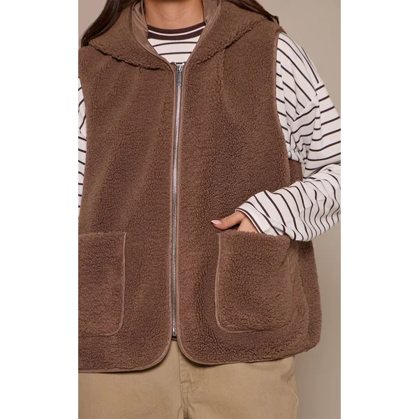 Marron Gilet Sans Manches Zippé En Synthétique Borg