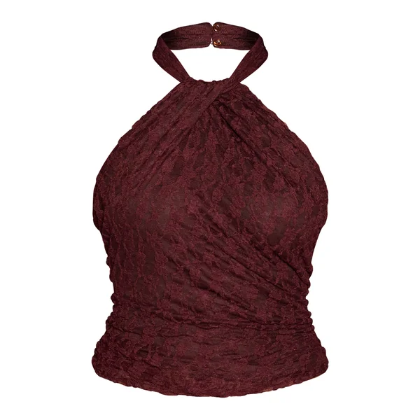 Marron Haut Asymétrique À Col Licou Torsadé En Dentelle