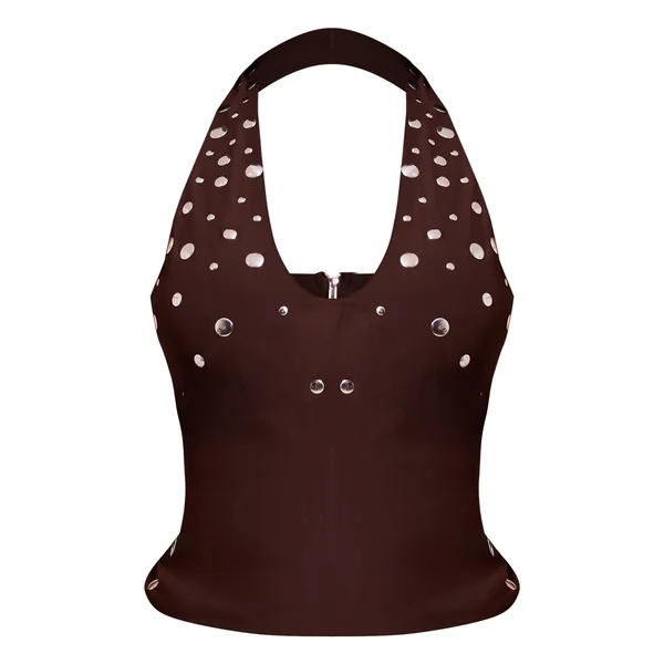 Marron Haut Petite À Col Licou Avec Détails Cloutés