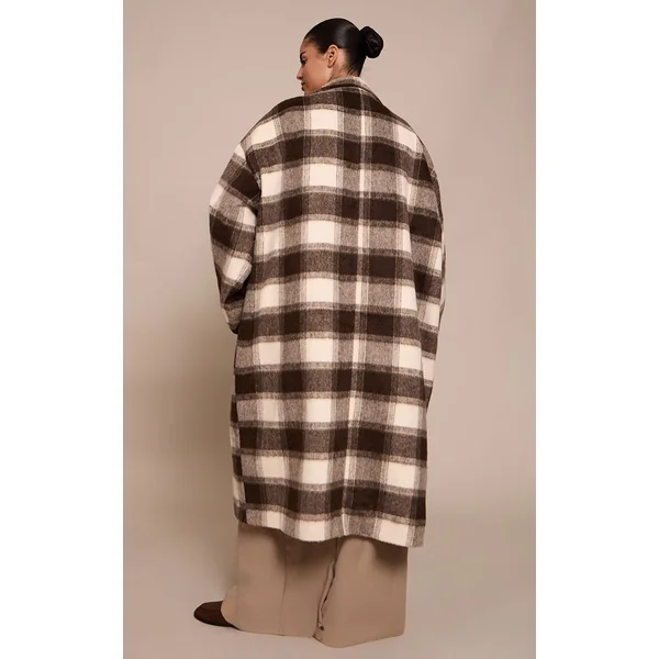 Marron Manteau Long Grande Taille Col Montant À Carreaux Aspect Laine