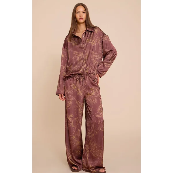 Marron Pantalon Large En Satin