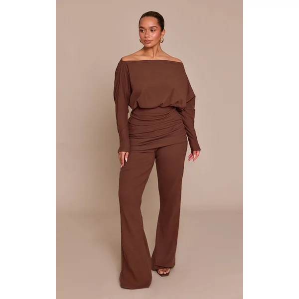 Marron Pantalon Shape À Devant Croisé En Tissu Doux Au Toucher