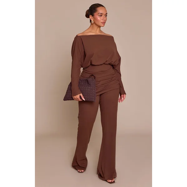 Marron Pantalon Shape À Devant Croisé En Tissu Doux Au Toucher