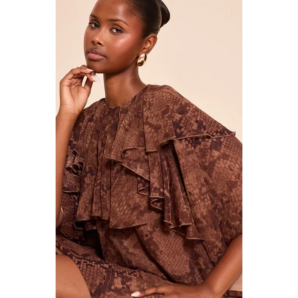 Marron Robe Ample À Volants Imprimé Synthétique