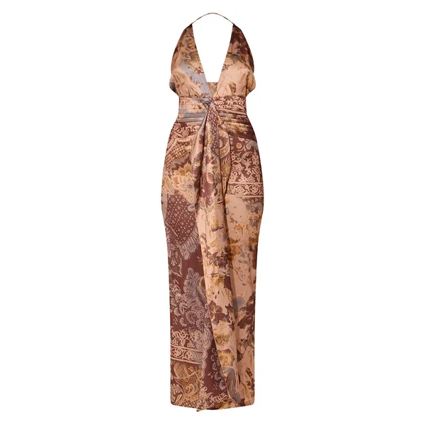 Marron Robe Longue Drapée À Décolleté Plongeant Et Imprimé Cachemire