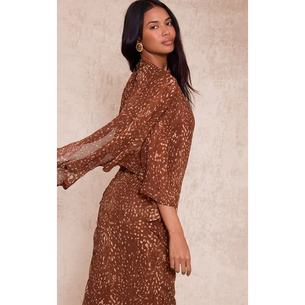 Marron Robe Longue En Mousseline Imprimée Abstraite