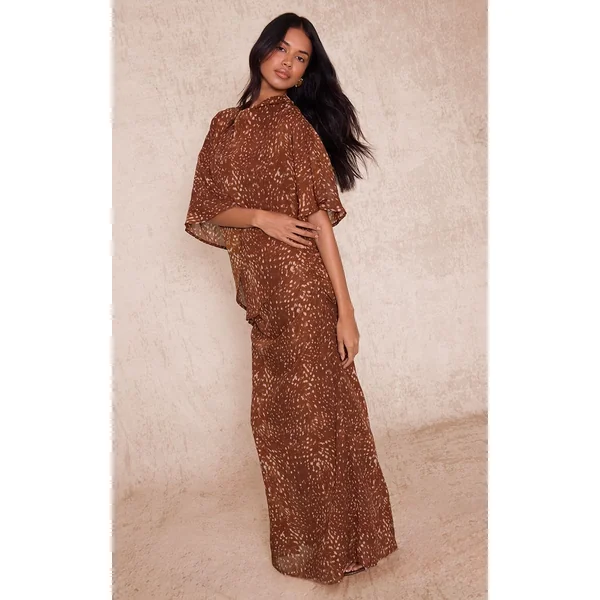 Marron Robe Longue En Mousseline Imprimée Abstraite