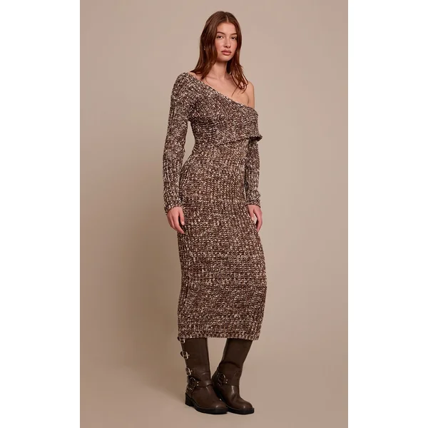 Marron Robe Midi Asymétrique En Grosse Maille