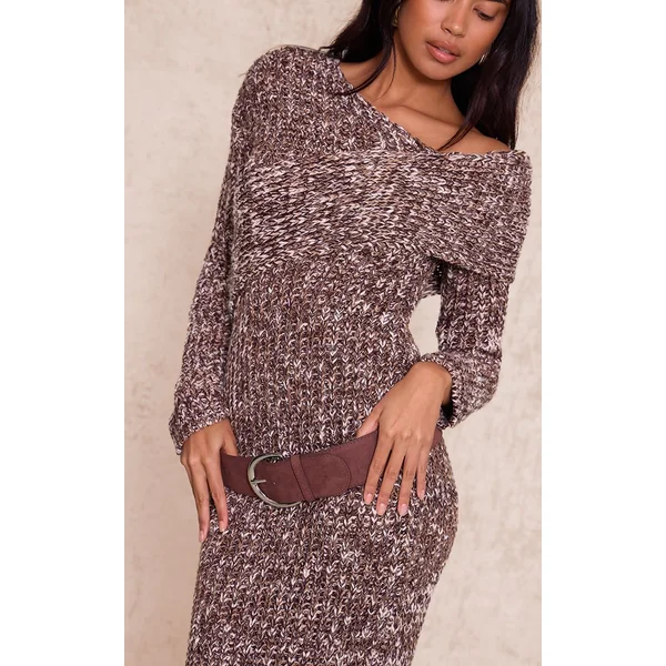 Marron Robe Midi Asymétrique En Grosse Maille