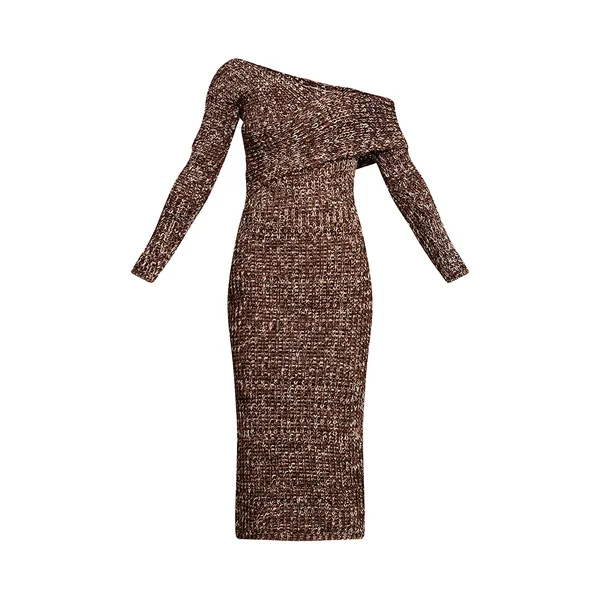 Marron Robe Midi Asymétrique En Grosse Maille
