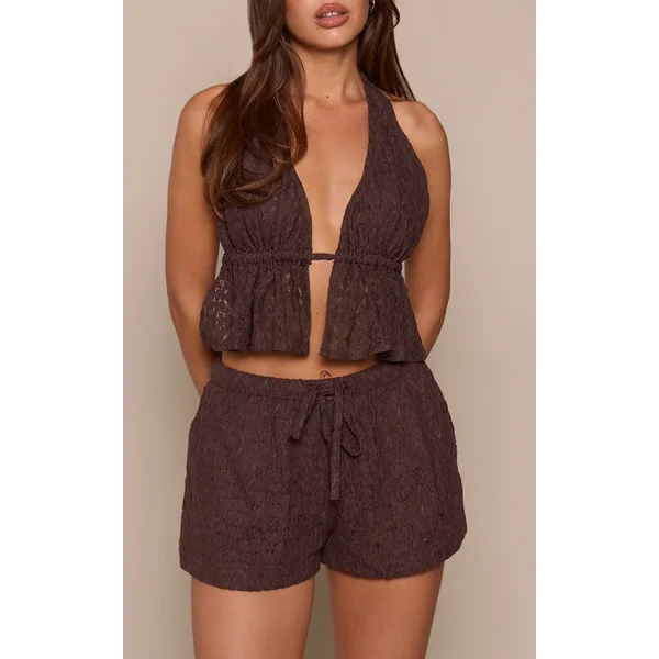 Marron Short Fluide En Dentelle Crochet
