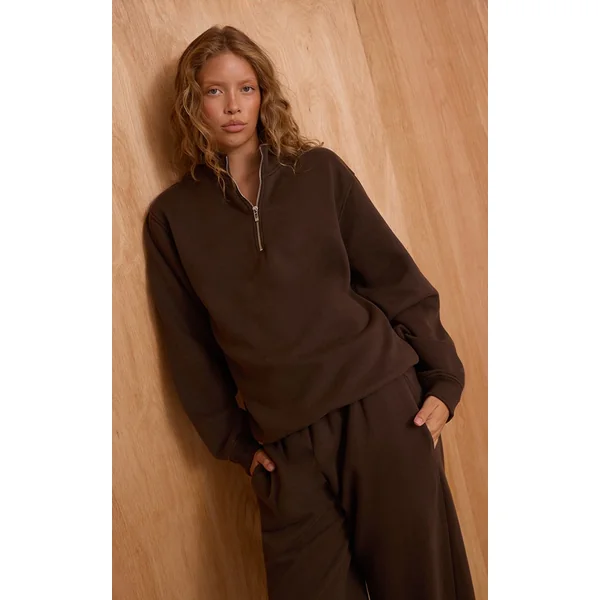Marron Sweatshirt Espresso À Fermeture Éclair Quart