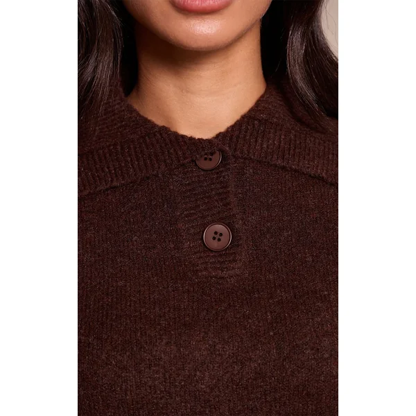 Marron Synthétiquell En Maille Petite Avec Col Et Boutonnage