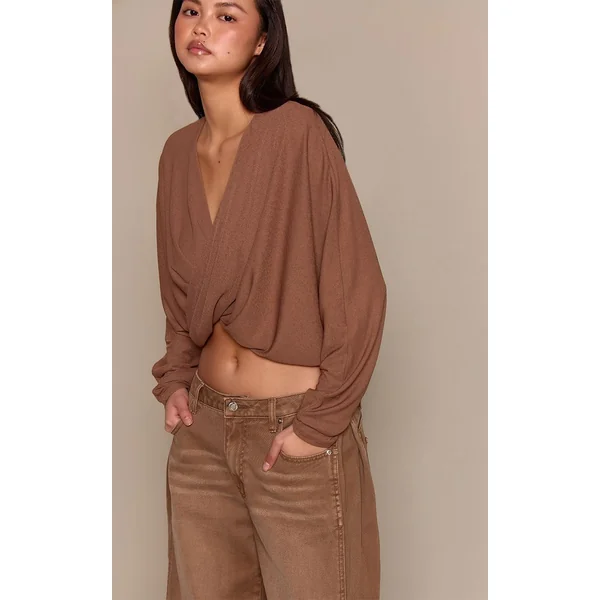 Marron Top Manches Longues Slouchy En Mesh Dévoré Marron Avec Torsade Devant