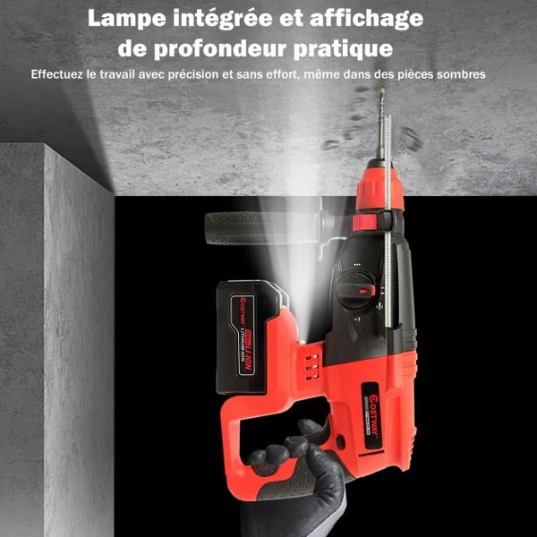Marteau Perforateur Electrique Sans Fil 960 Tr/min 4260 Coups/min SDS-Plus à Vitesse Réglable 3 Forets Béton Bois Acier