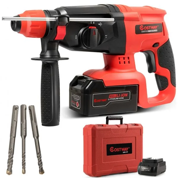 Marteau Perforateur Electrique Sans Fil 960 Tr/min 4260 Coups/min SDS-Plus à Vitesse Réglable 3 Forets Béton Bois Acier