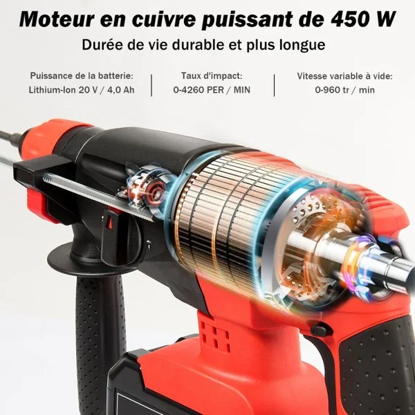 Marteau Perforateur Electrique Sans Fil 960 Tr/min 4260 Coups/min SDS-Plus à Vitesse Réglable 3 Forets Béton Bois Acier