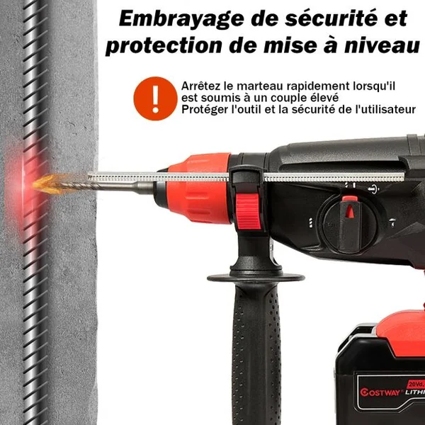 Marteau Perforateur Electrique Sans Fil 960 Tr/min 4260 Coups/min SDS-Plus à Vitesse Réglable 3 Forets Béton Bois Acier
