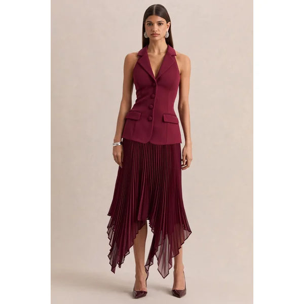 Marvelle | Robe longue bordeaux à encolure plongeante avec ourlet mouchoir
