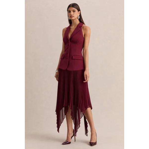 Marvelle | Robe longue bordeaux à encolure plongeante avec ourlet mouchoir