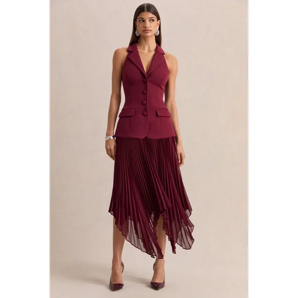 Marvelle | Robe longue bordeaux à encolure plongeante avec ourlet mouchoir