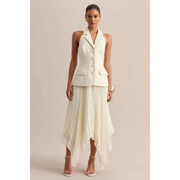 Marvelle | Robe longue crème à encolure plongeante avec ourlet asymétrique