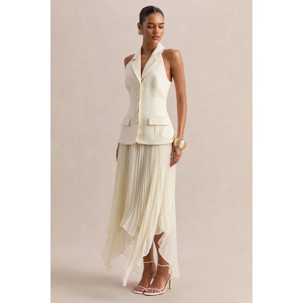 Marvelle | Robe longue crème à encolure plongeante avec ourlet asymétrique