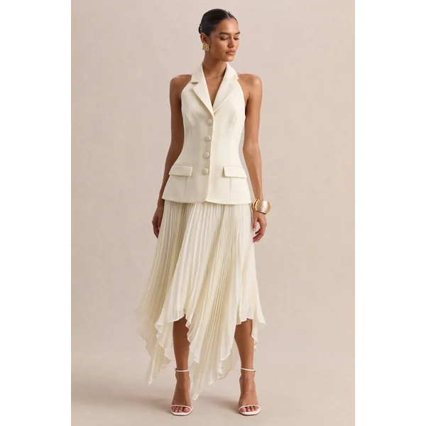 Marvelle | Robe longue crème à encolure plongeante avec ourlet asymétrique