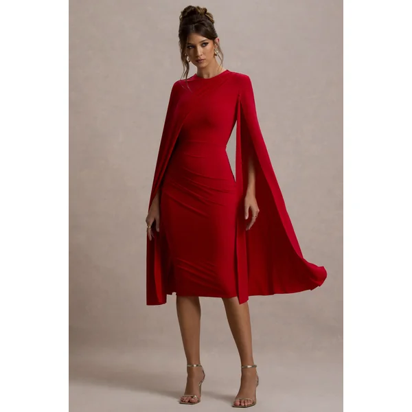 Marysol | Robe mi-longue rouge asymétrique à cape
