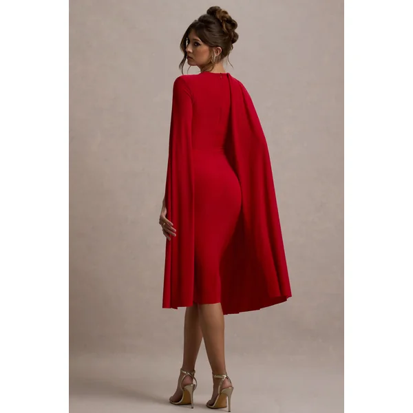 Marysol | Robe mi-longue rouge asymétrique à cape