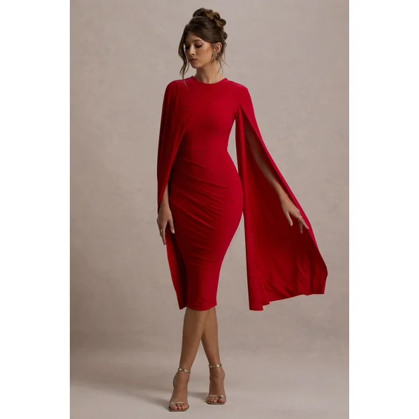 Marysol | Robe mi-longue rouge asymétrique à cape