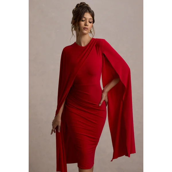 Marysol | Robe mi-longue rouge asymétrique à cape