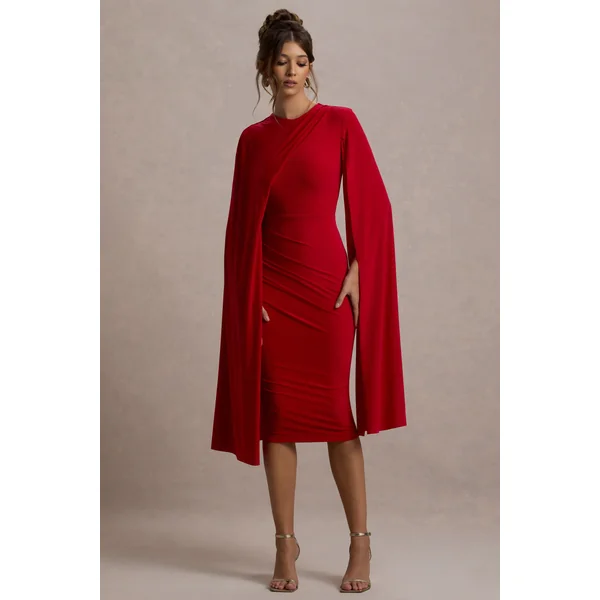 Marysol | Robe mi-longue rouge asymétrique à cape