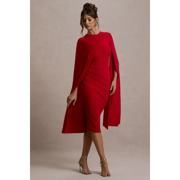 Marysol | Robe mi-longue rouge asymétrique à cape