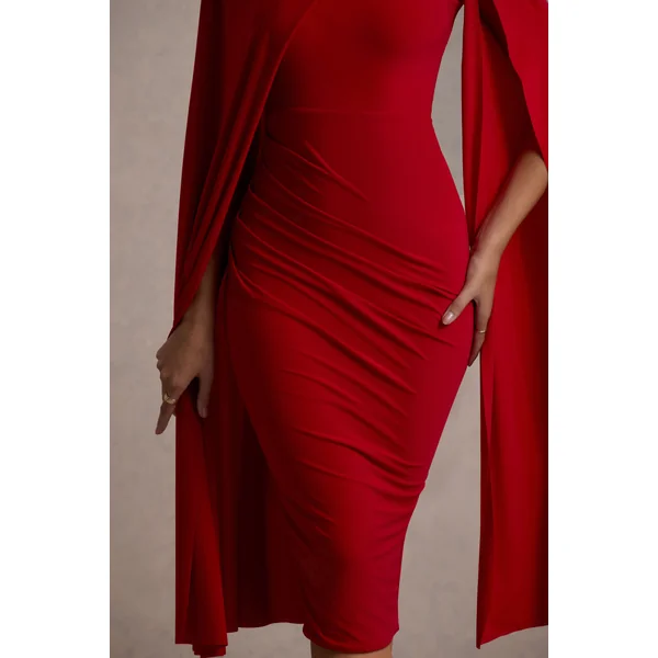 Marysol | Robe mi-longue rouge asymétrique à cape