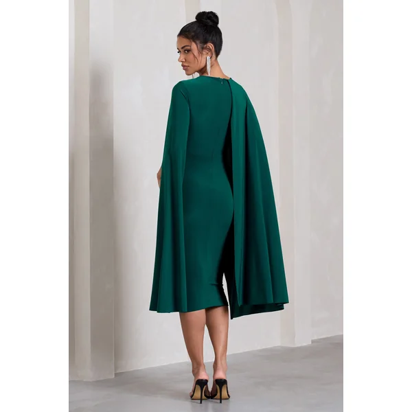 Marysol | Robe mi-longue vert bouteille asymétrique avec cape
