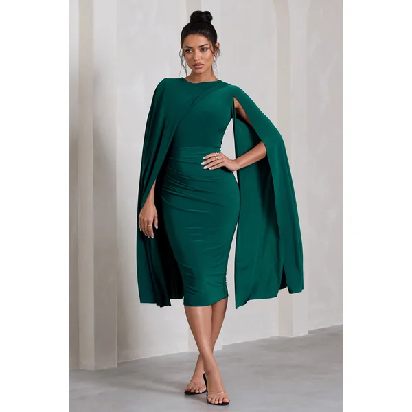 Marysol | Robe mi-longue vert bouteille asymétrique avec cape