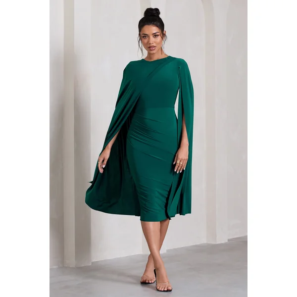 Marysol | Robe mi-longue vert bouteille asymétrique avec cape